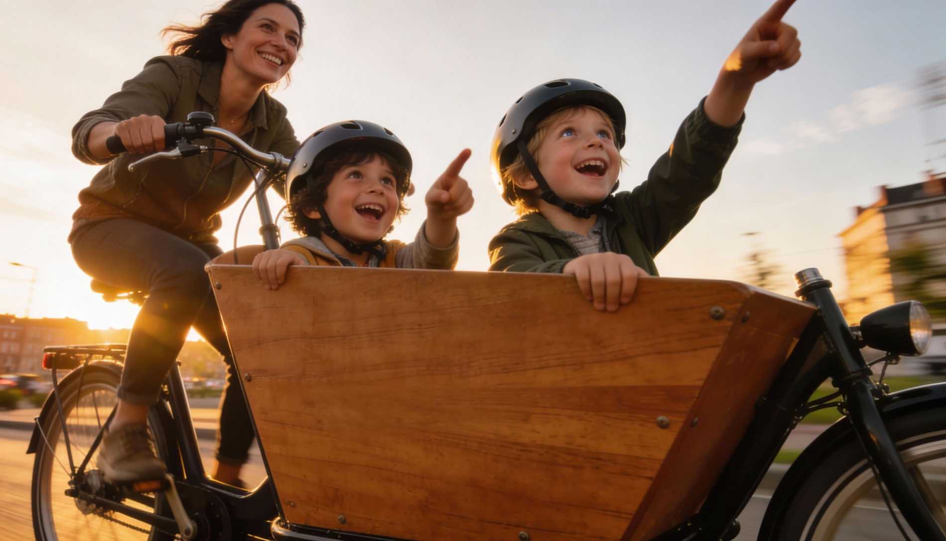 Frau fährt Lastenrad mit zwei fröhlichen Kindern, die nach vorne zeigen.