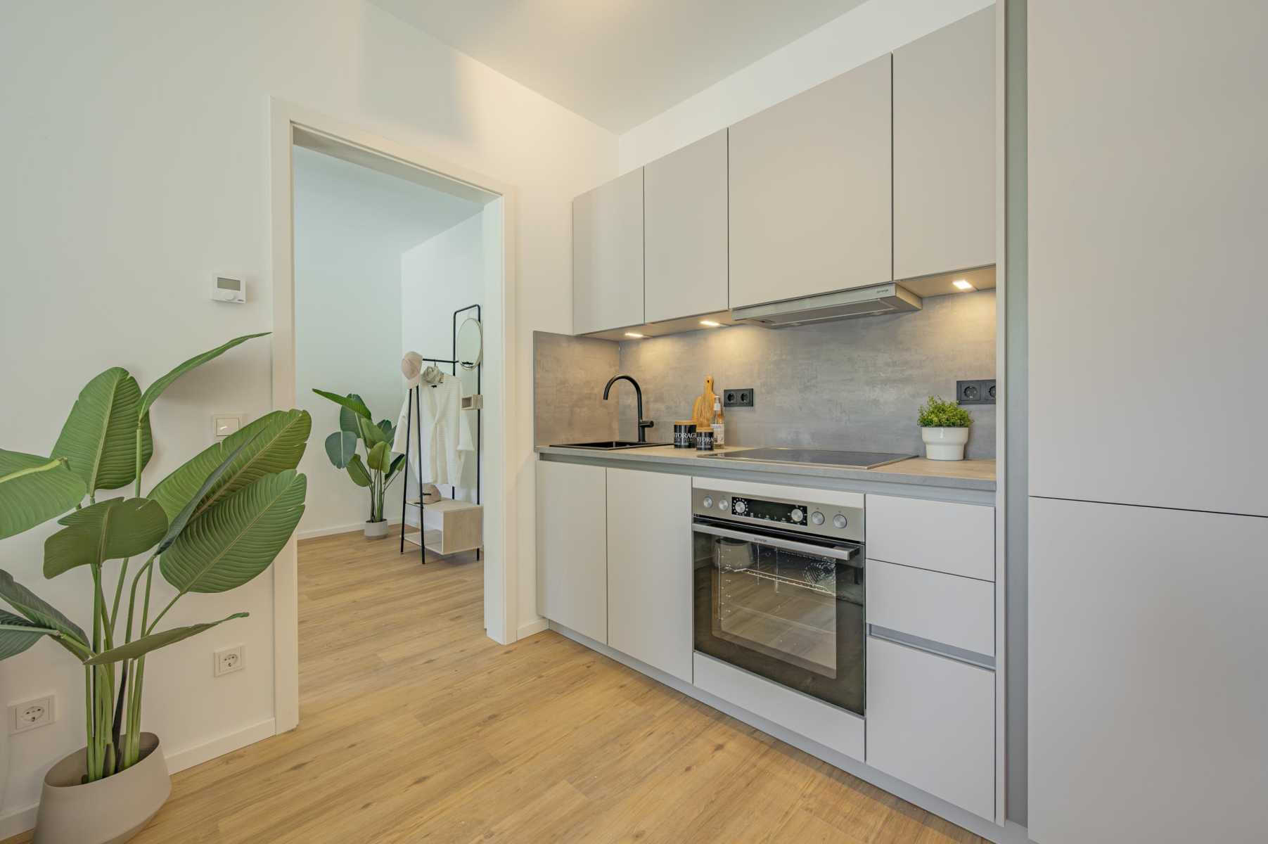 Moderne, helle Einbauküche mit Pflanzen und Holzboden in offenem Raum.