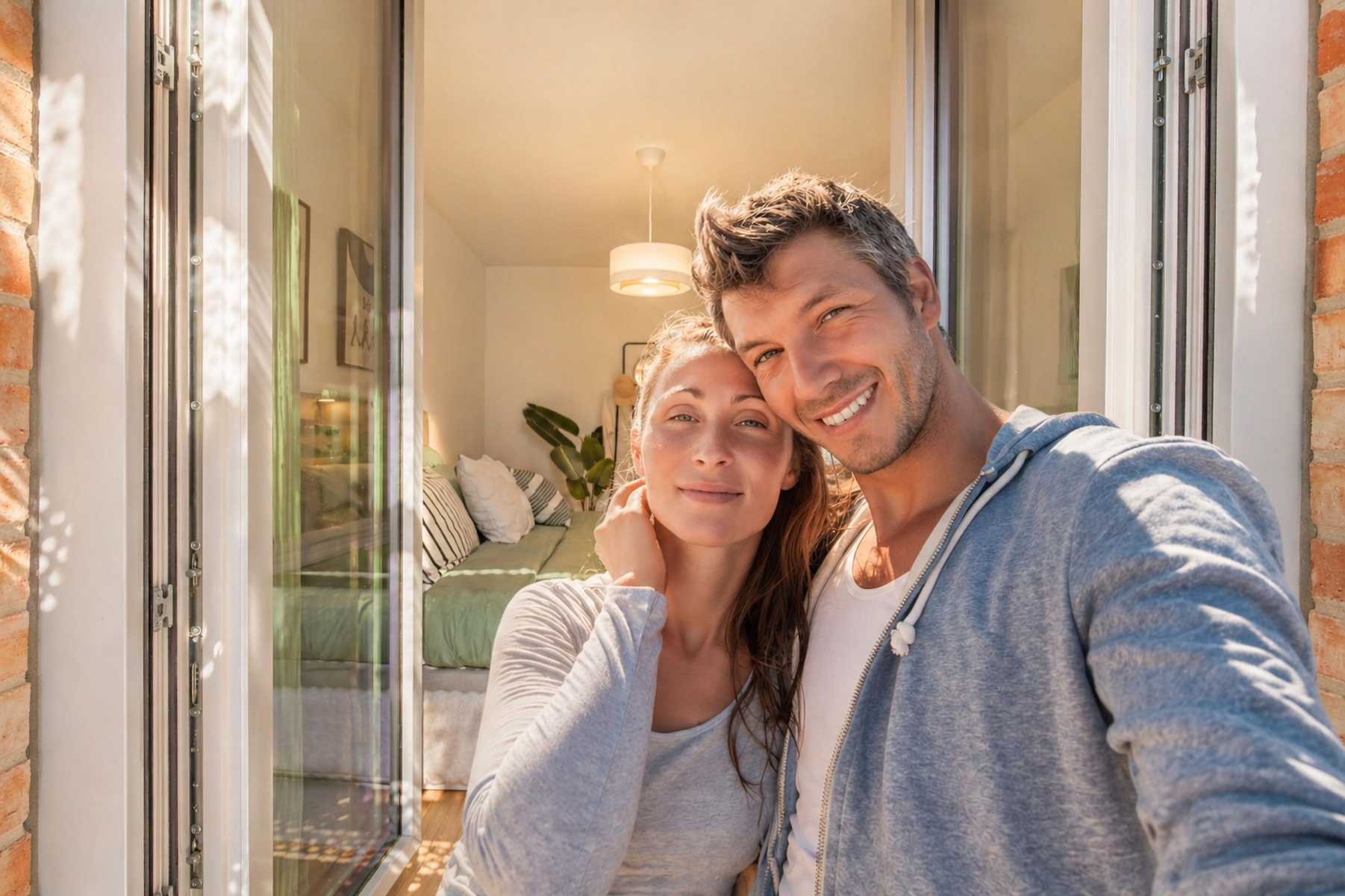 Paar macht Selfie auf Balkon vor hellem Schlafzimmer mit grüner Bettwäsche.